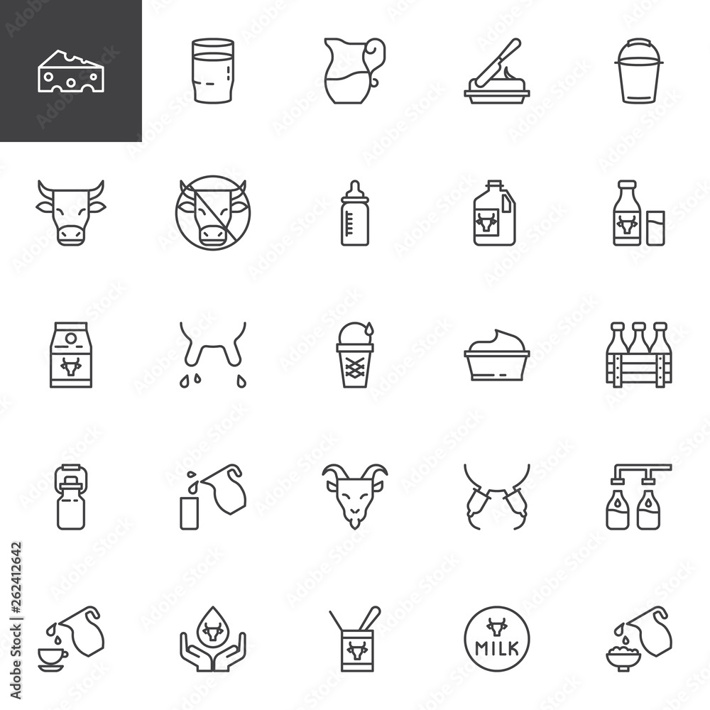 Milk and dairy production line icons set. linear style symbols collection, outline signs pack. vector graphics. Set includes icons as cheese, butter, sour cream, milking udders, porridge, ice cream Milk and dairy production line icons set. linear style symbols collection, outline signs pack. vector graphics. Set includes icons as cheese, butter, sour cream, milking udders, porridge, ice cream