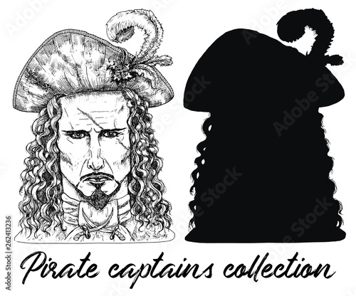 Pirate captain with scar and silhouette isolated on white. 