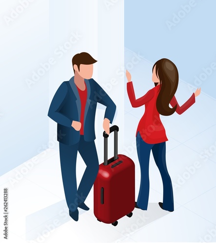Woman Receptionist Welcome Tourist with Suitcase