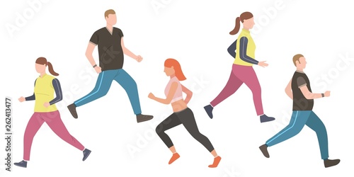 Set of chubby people running 