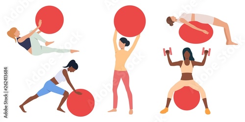 Set of women exercising with swiss balls