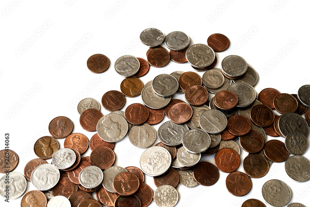 A pile of american cents scattered isolated on white A pile of american cents scattered isolated on white