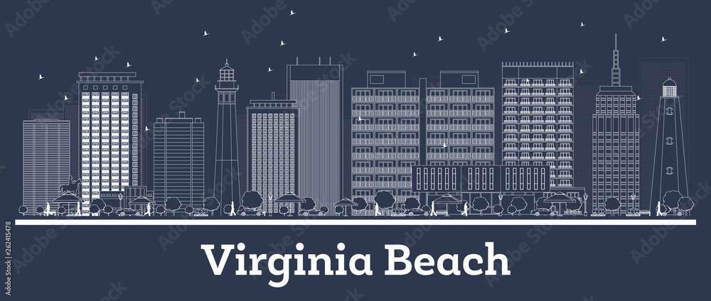 Outline Virginia Beach Virginia City Skyline with White Buildings.