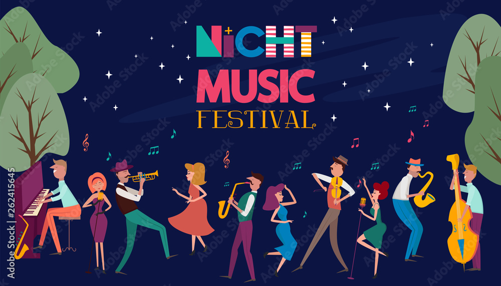 Night music festival poster with musicians and musical instruments