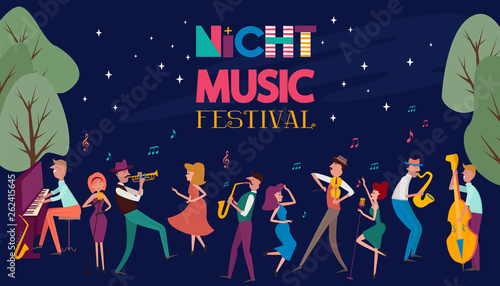Night music festival poster with musicians and musical instruments