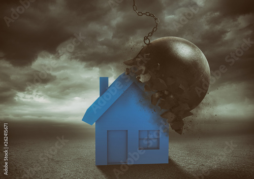 House resists the impact with a demolition ball. Concept of strength and indestructibility