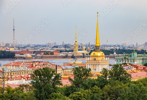 City skyline with the Admiralty spire, Peter and Paul Fortress, river Neva and Hermitage Winter Palace in Saint Petersburg, Russia