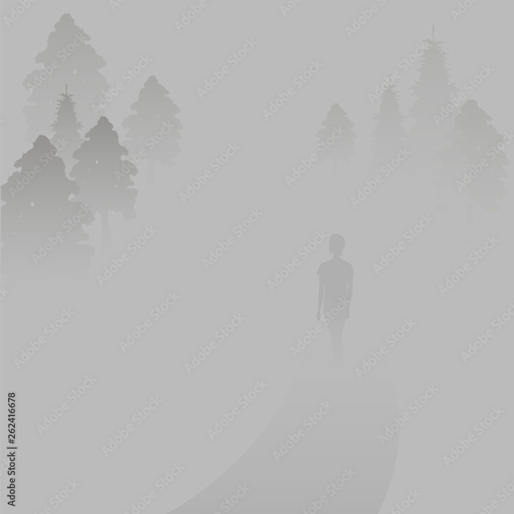 landscape in the mist. the man is walking in a fog. landscape with haze. woman in the forest