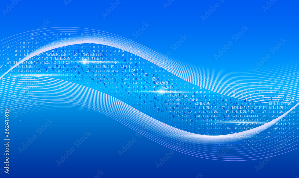 Streaming binary code. 3d wave shape with numbers 1, 0. Vector technology illustration. Dynamic elements for design. Coding, cryptography, programming concept. Software development logo