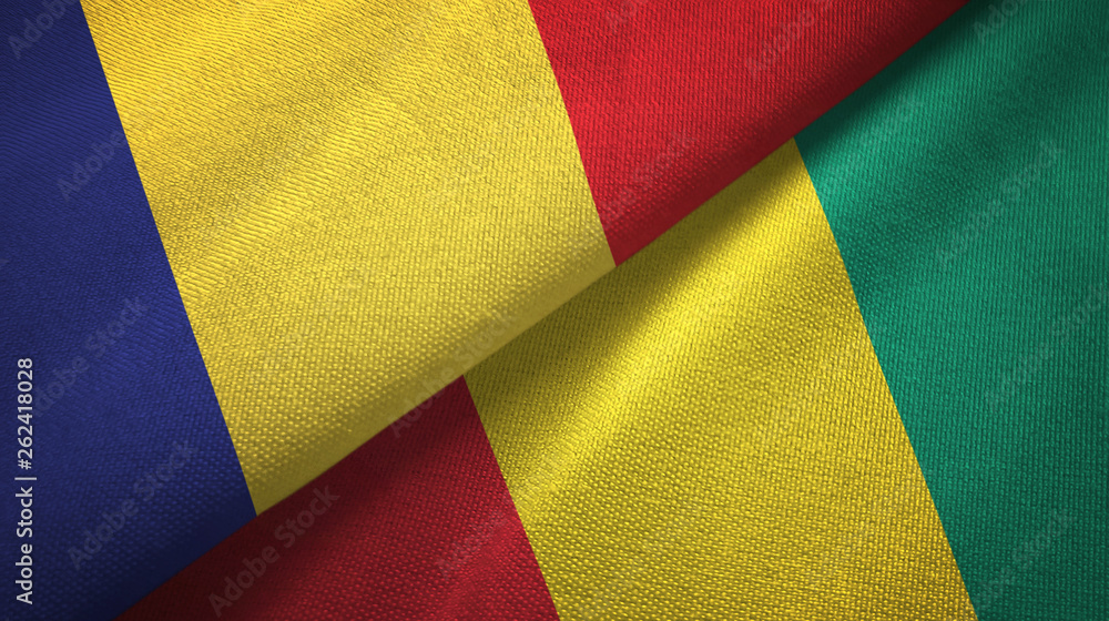 Romania and Guinea two flags textile cloth, fabric texture