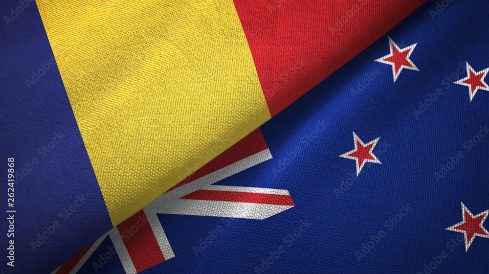 Romania and New Zealand two flags textile cloth, fabric texture Romania and New Zealand two flags textile cloth, fabric texture