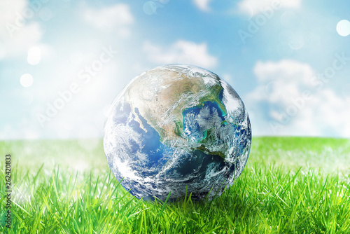 Earth globe in a green pristine field. World provided by NASA