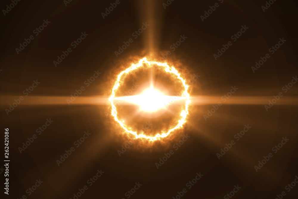 digital lens flare with flame ring in black background horizontal frame ...