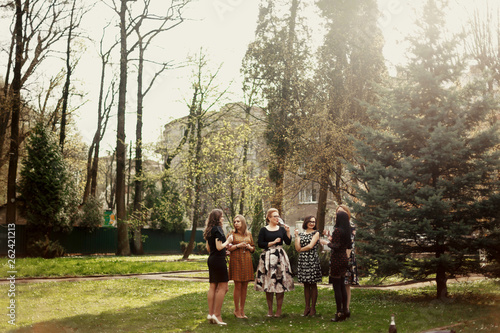 group of luxury elegant woman celebrating with champagne in park, luxury happy life concept