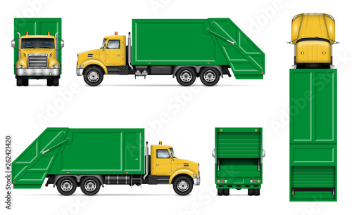 Realistic white garbage truck vector mockup. Isolated template of dump lorry on white background for vehicle branding, corporate identity, easy to editing and recolor.