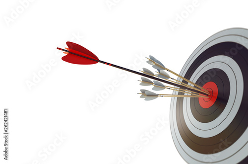 Arrow hit the center of target. Business target achievement concept. Isolated on white background. 3D Rendering photo