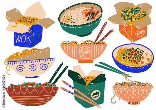 Noodles Set, Traditional Asian Food in Takeaway Boxes and Ceramic Bowls Vector Illustration