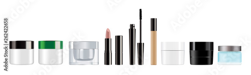 Realistic Beauty Template Bottles and  Decorative Cosmetics Women Set for Beauty  and Care Isolated on a White Background.  Vector illustration.