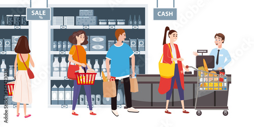 Supermarket or store interior with shelves and goods, groceries, cash desk and cashier. Men and women buyers, cart products