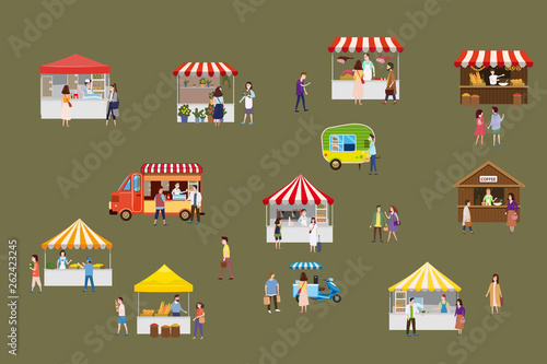 Outdoor street food festival with tiny people walking between vans or caterers, canopy, buying meals, eating and drinking, taking selfie, talking to each other
