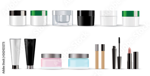 Realistic Beauty Template Bottles and  Decorative Cosmetics Women Set for Beauty  and Care Isolated on a White Background.  Vector illustration. Realistic 3d mockup.