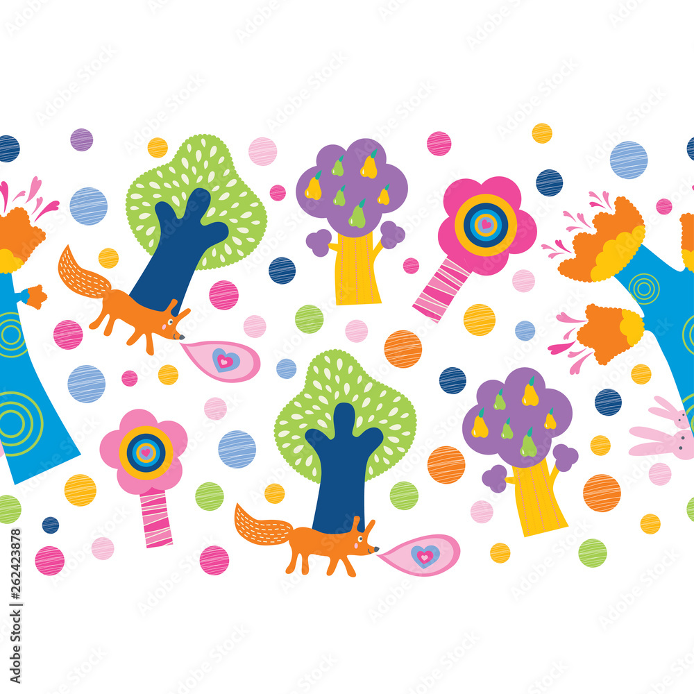 Magic forest. Horizontal border seamless pattern in cartoon style. Magic forest. Horizontal border seamless pattern in cartoon style.