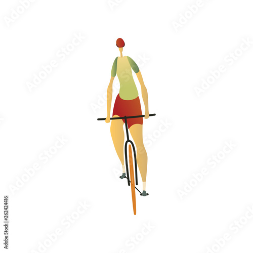 Man in a helmet riding a bike forward. Vector illustration.