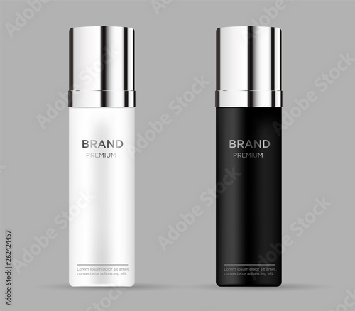 Blank cosmetic package isolated on gray background.  Tube for foam hear styling, hair spray, deodorant. Realistic mockup tools, mock up vector illustration.