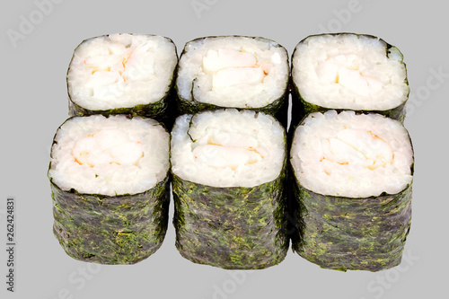 sushi maki roll with shrimp on a gray background
