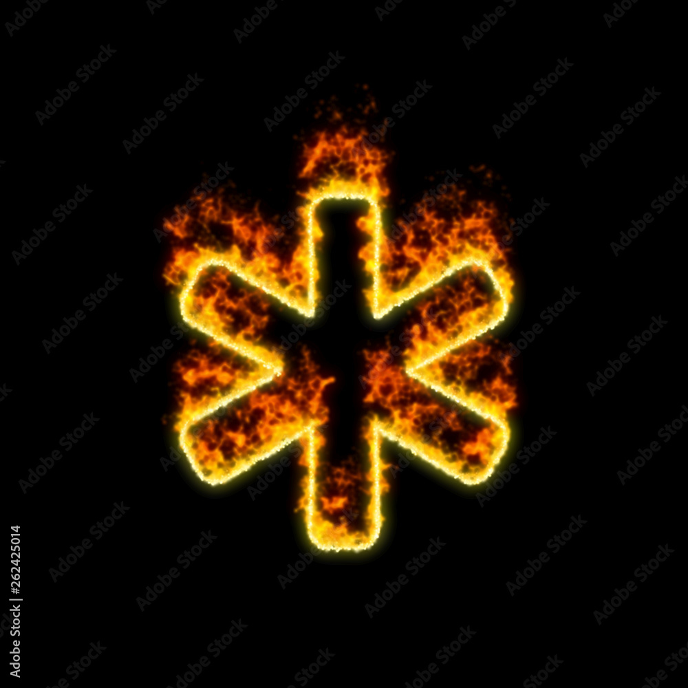 The symbol asterisk burns in red fire