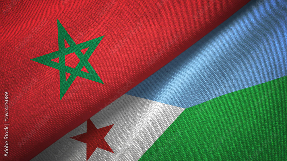 Morocco and Djibouti two flags textile cloth, fabric texture Morocco and Djibouti two flags textile cloth, fabric texture