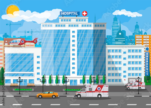 Hospital building, medical icon. Healthcare, hospital and medical diagnostics. Urgency and emergency services. Road, sky, tree. Car and helicopter. Vector illustration in flat style