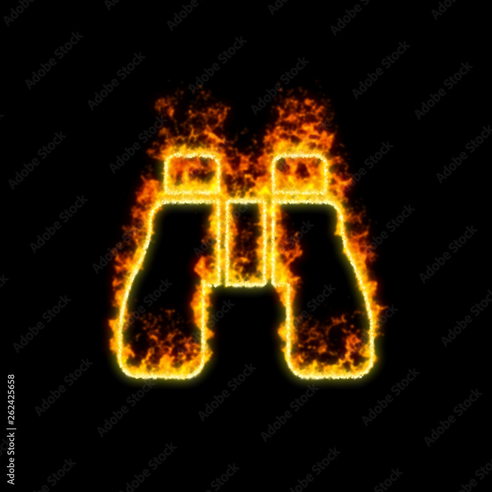 The symbol binoculars burns in red fire The symbol binoculars burns in red fire