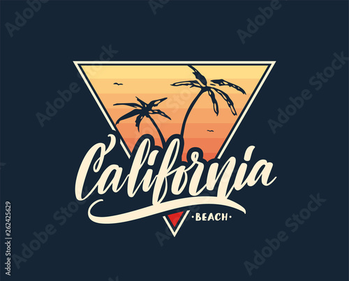 Retro print with handwritten lettering of California Beach and palm tree on sunset background. T shirt design