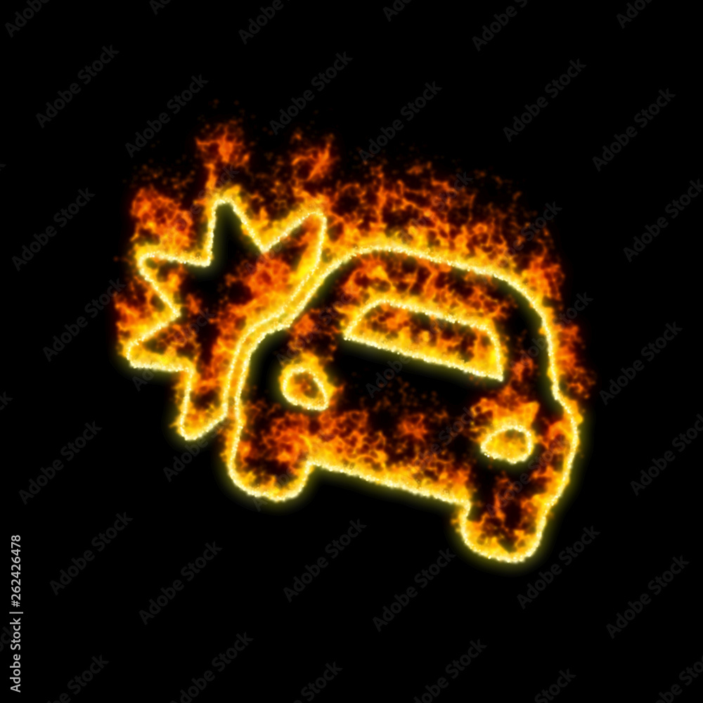 The symbol car crash burns in red fire The symbol car crash burns in red fire