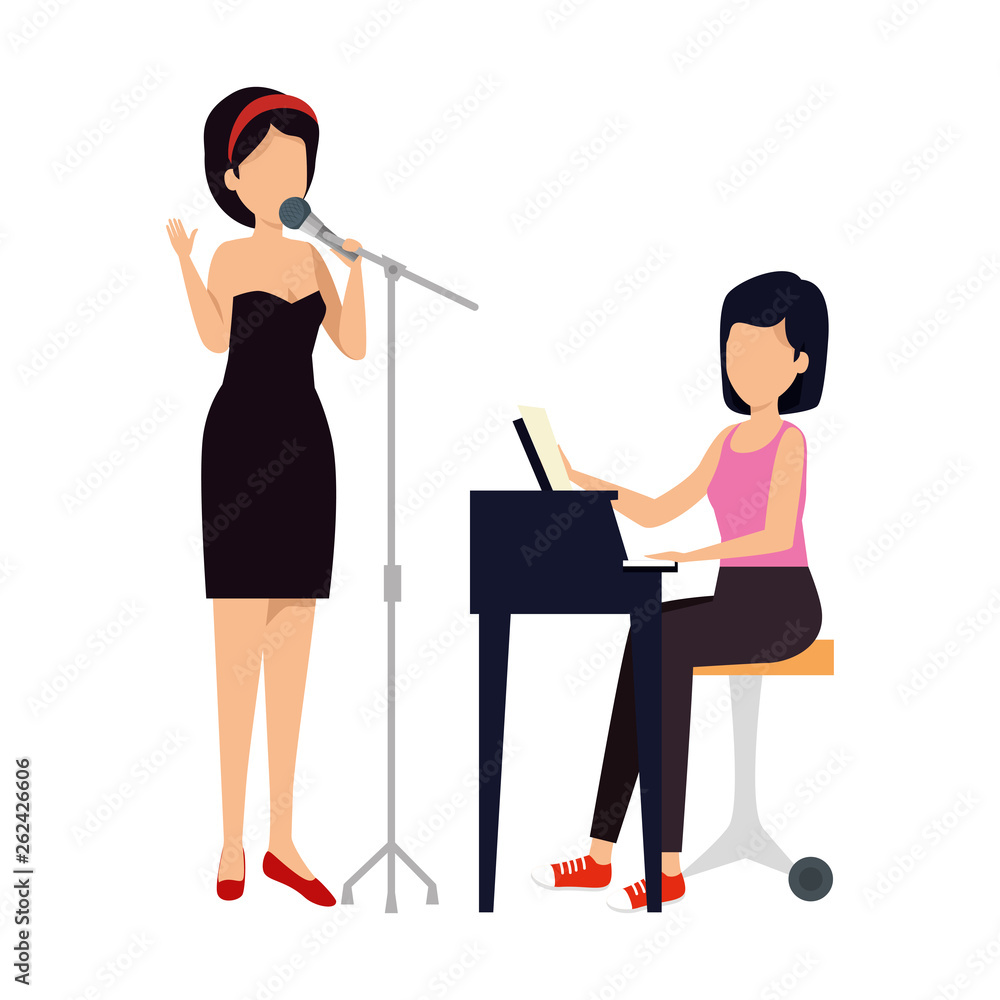 women playing grand piano and sing characters