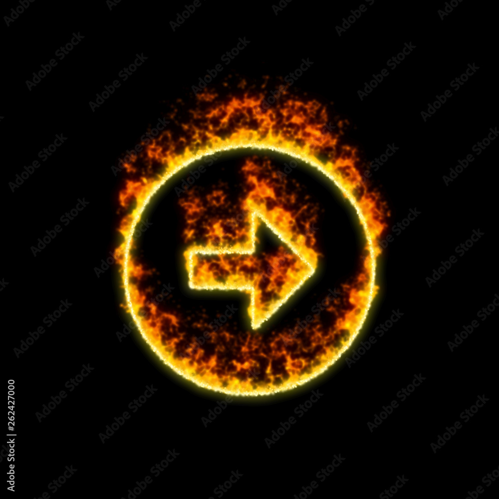 Naklejka premium The symbol arrow circle right burns in red fire