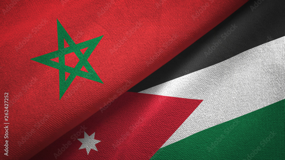 Morocco and Jordan two flags textile cloth, fabric texture Morocco and Jordan two flags textile cloth, fabric texture