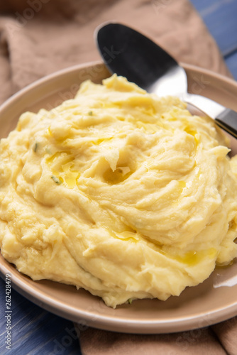 Tasty mashed potato on plate, closeup