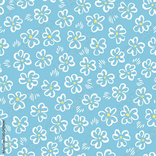 Cute white abstract hand-drawn daisis on blue background vector seamless pattern. Whimsical easter floral print.
