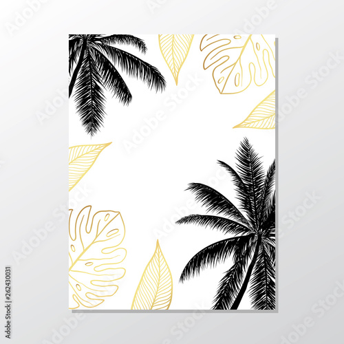 Black palm trees on white background. Exotic leaves.Summer placard poster flyer invitation card.
