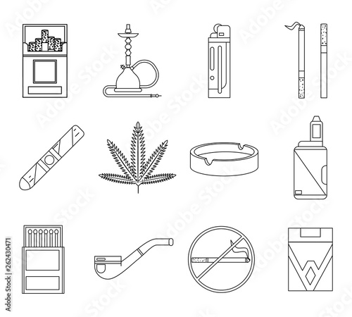 Lineart design smoking icons set cigarette pipe vape hookah matches ashtray isolated lineart design vector illustration