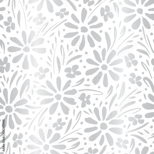 Monochrome silver gradient hand-painted daisies and foliage on white background vector seamless patters. Floral print