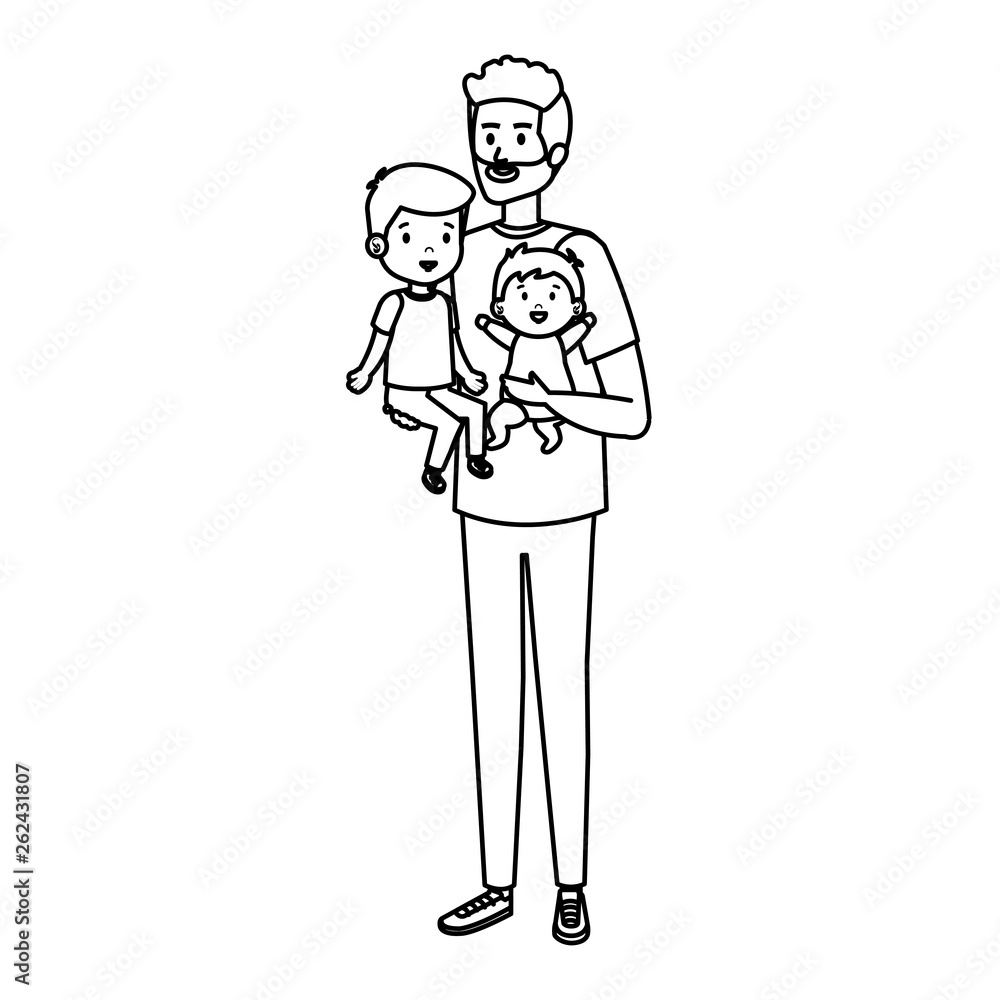 young father with son and baby characters young father with son and baby characters