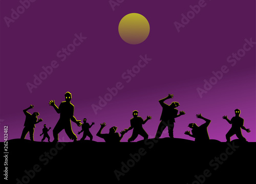 Zombies on road.Group of silhouette zombies on black mountain have moon and purple sky background