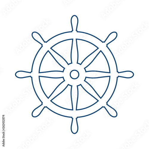 Nautical blue helm isolated on white. Ship and boat steering wheel sign. Boat wheel control icon. Rudder label.