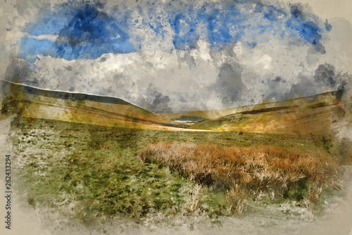 Watercolor painting of Beautiful landscape of Brecon Beacons National Park with moody sky