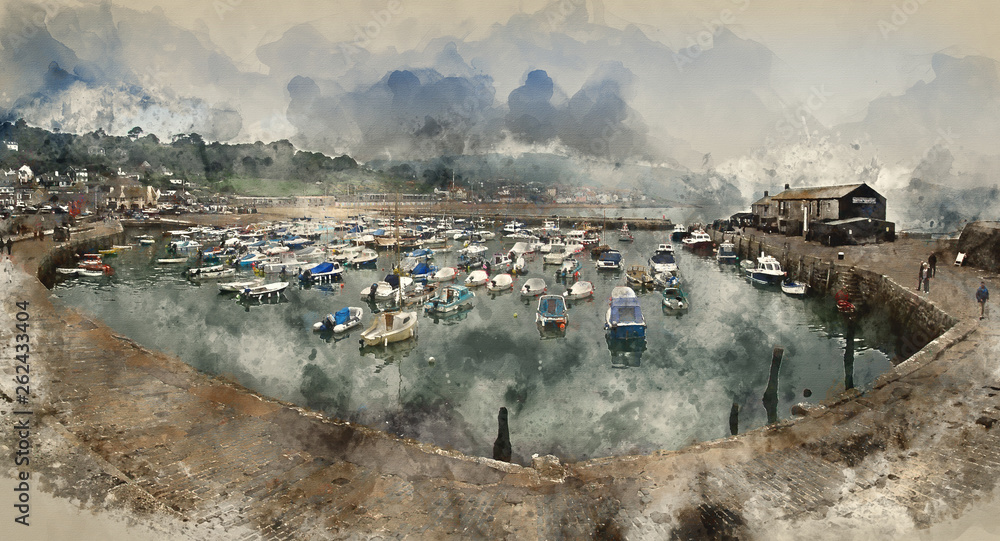 Watercolor painting of Wide panorama of Lyme Regis harbour with fishing boats.