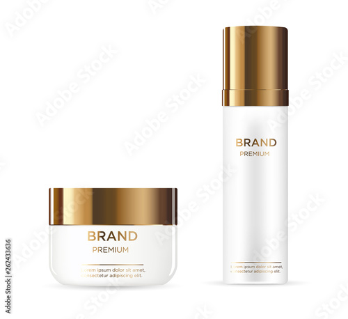 Cosmetic ad concept. With gold lid. Luxury Mockup 3D illustration.  Isolated on white background Use for banner, website, template, leaflet and other design.