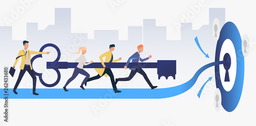 Business people running and carrying key to unlock keyhole